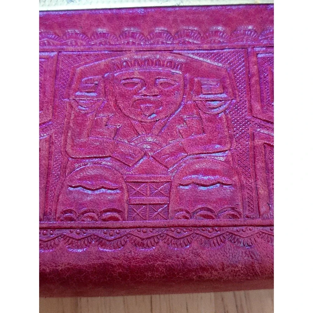 Vintage Red Tooled Leather Coin Purse Mexican Aztec Mayan Kiss Lock FLAWS